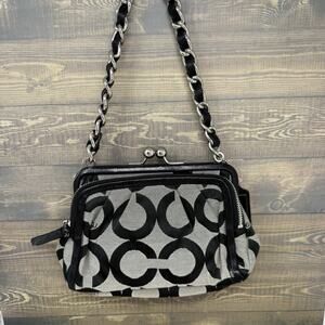 Coach 13623 Parker Op Art Kisslock Bag Gray and Black Chain Strap Small